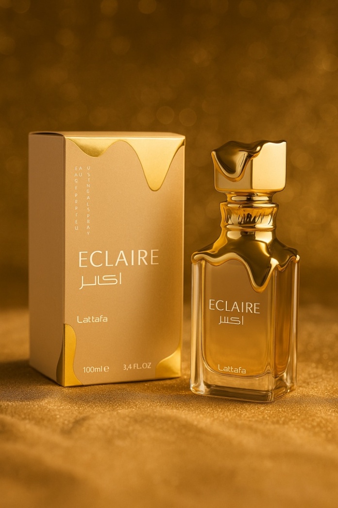 Widok flakonu Lattafa Eclaire – woda perfumowana o zapachu karmelu, kakao i wanilii.